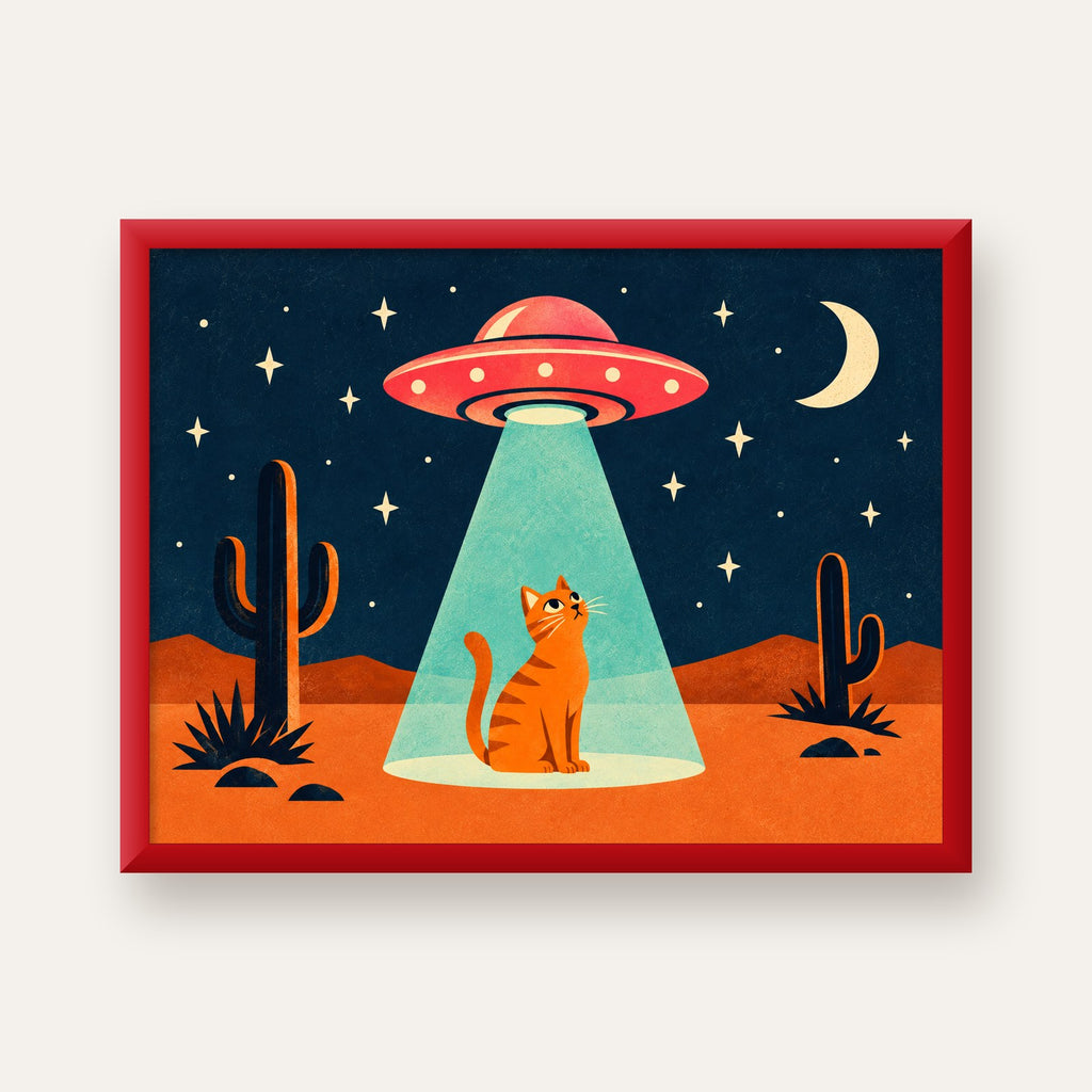 Çöl Manzaralı Uzay Gemisi ve Kedi Poster – Retro Vektör Tasarım — kırmızı çerçeveli