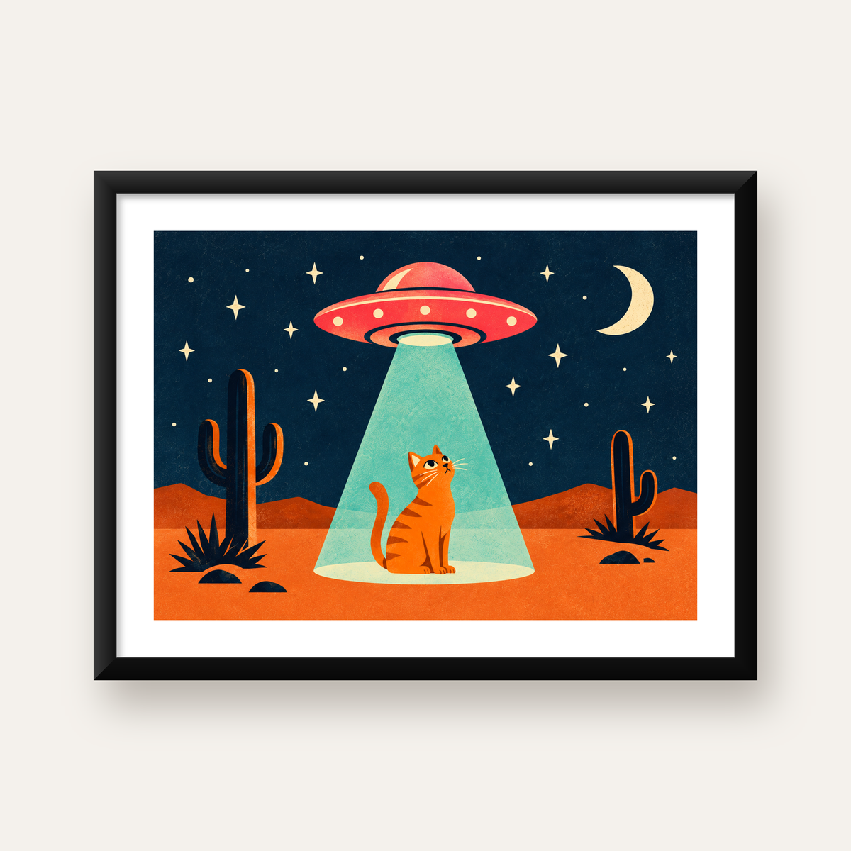 Çöl Manzaralı Uzay Gemisi ve Kedi Poster – Retro Vektör Tasarım — Yatay baskı, beyaz paspartulu
