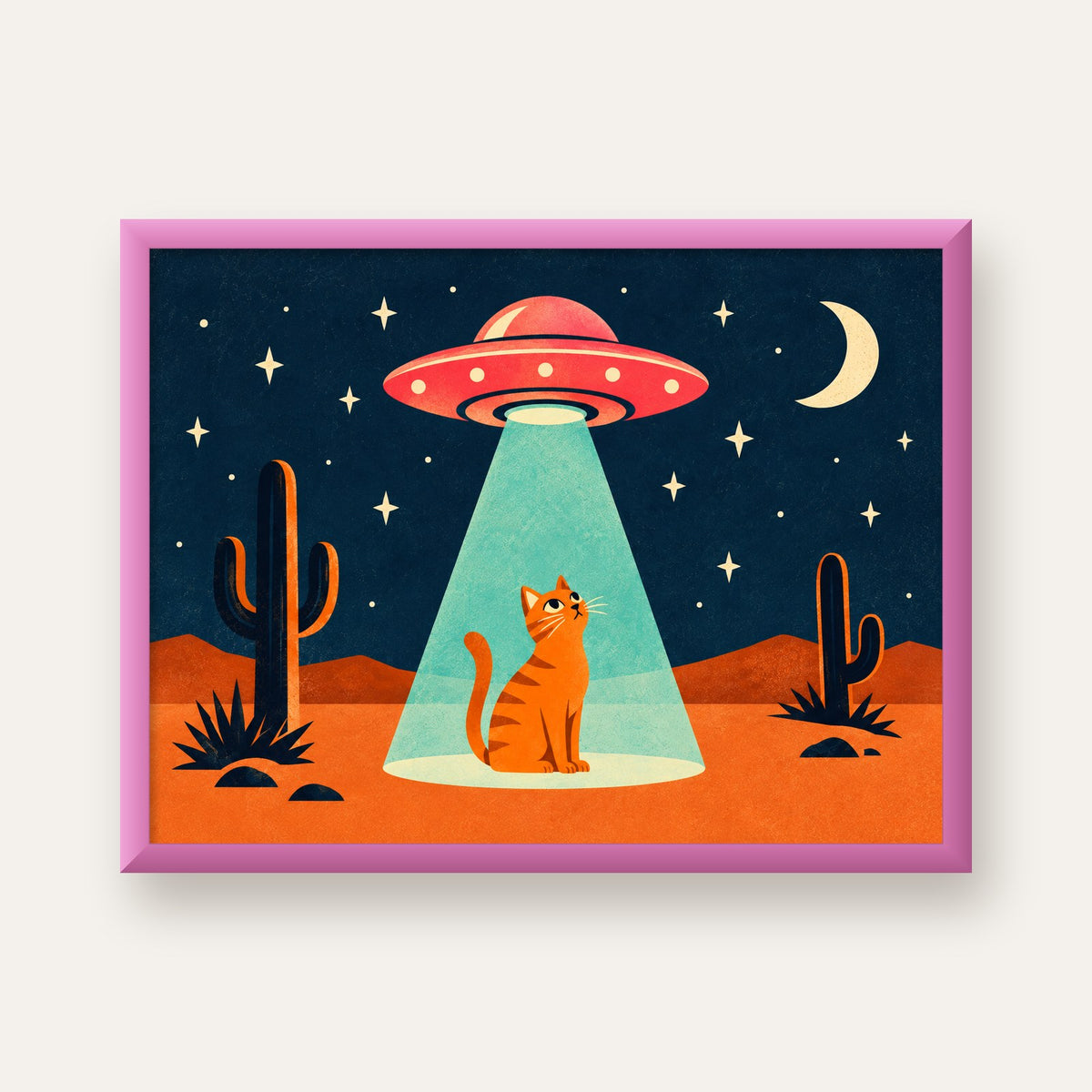 Çöl Manzaralı Uzay Gemisi ve Kedi Poster – Retro Vektör Tasarım — pembe çerçeveli