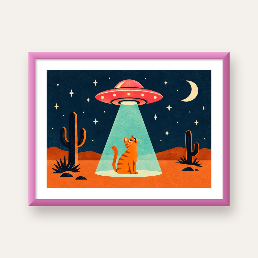 Çöl Manzaralı Uzay Gemisi ve Kedi Poster – Retro Vektör Tasarım — pembe çerçeveli paspartulu