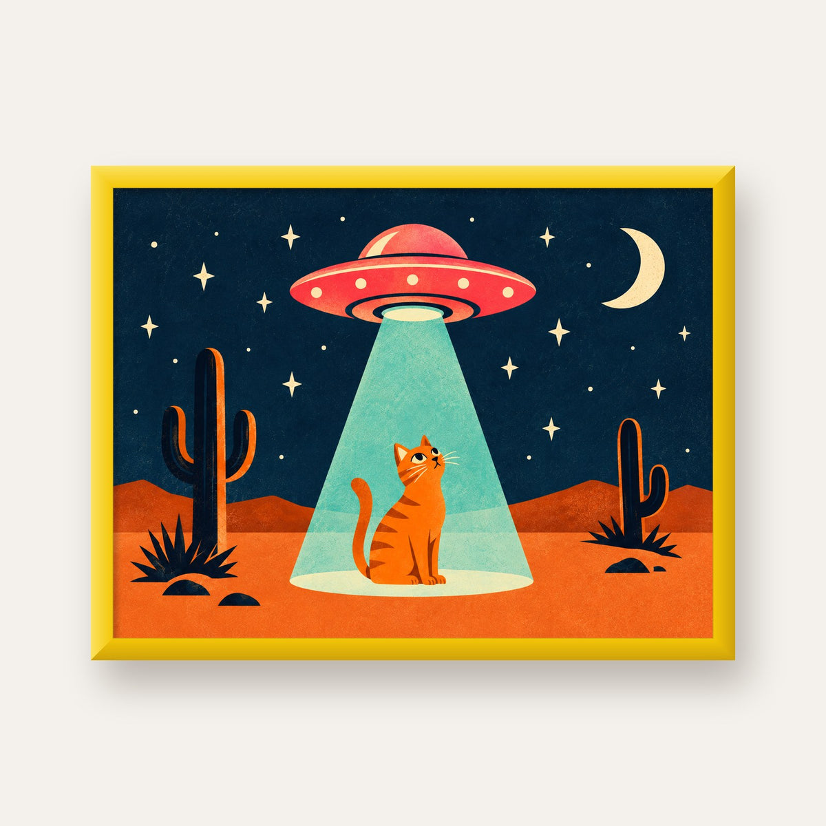 Çöl Manzaralı Uzay Gemisi ve Kedi Poster – Retro Vektör Tasarım — sarı çerçeveli