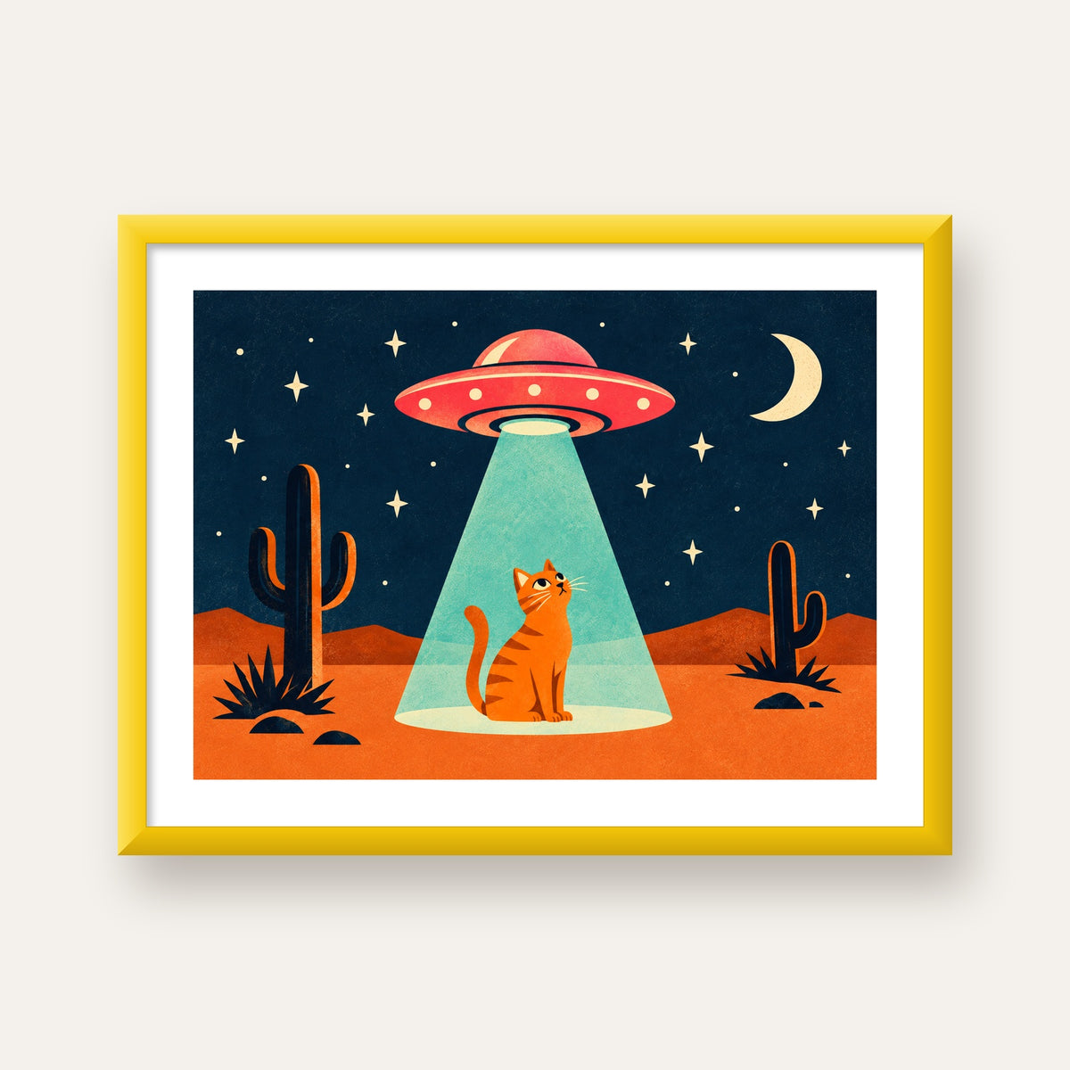 Çöl Manzaralı Uzay Gemisi ve Kedi Poster – Retro Vektör Tasarım — sarı çerçeveli paspartulu