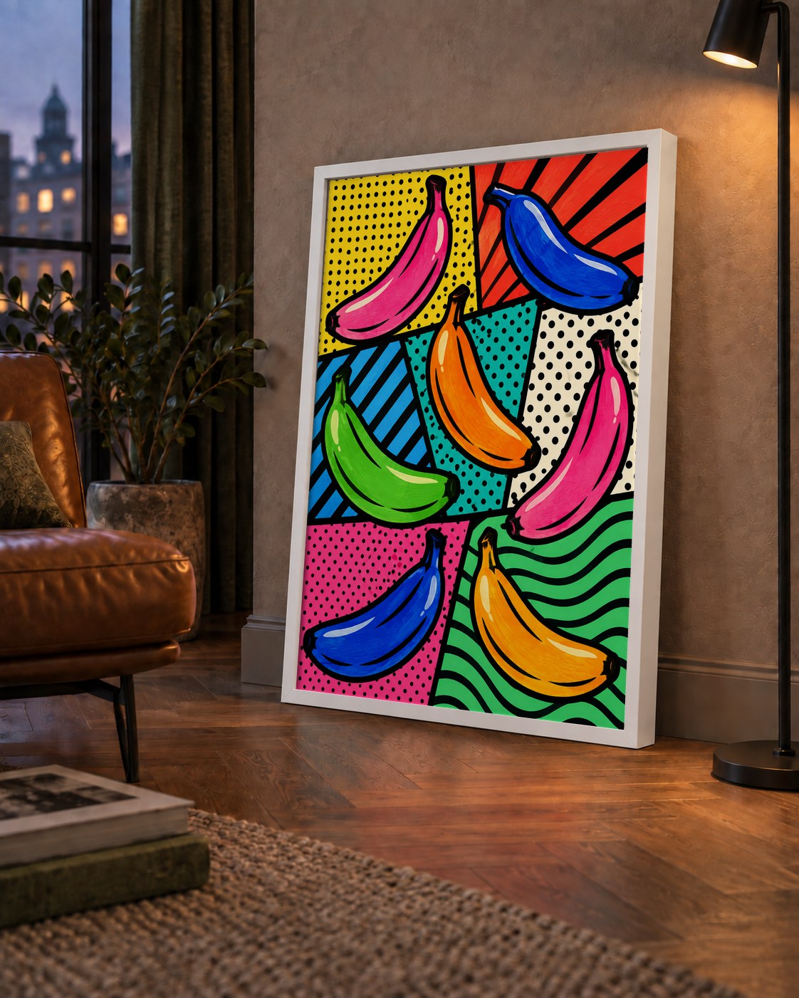 Renkli Pop Art Muzlar Poster – Modern ve Canlı Duvar Dekoru — çerçeveli hâliyle bir ev duvarında