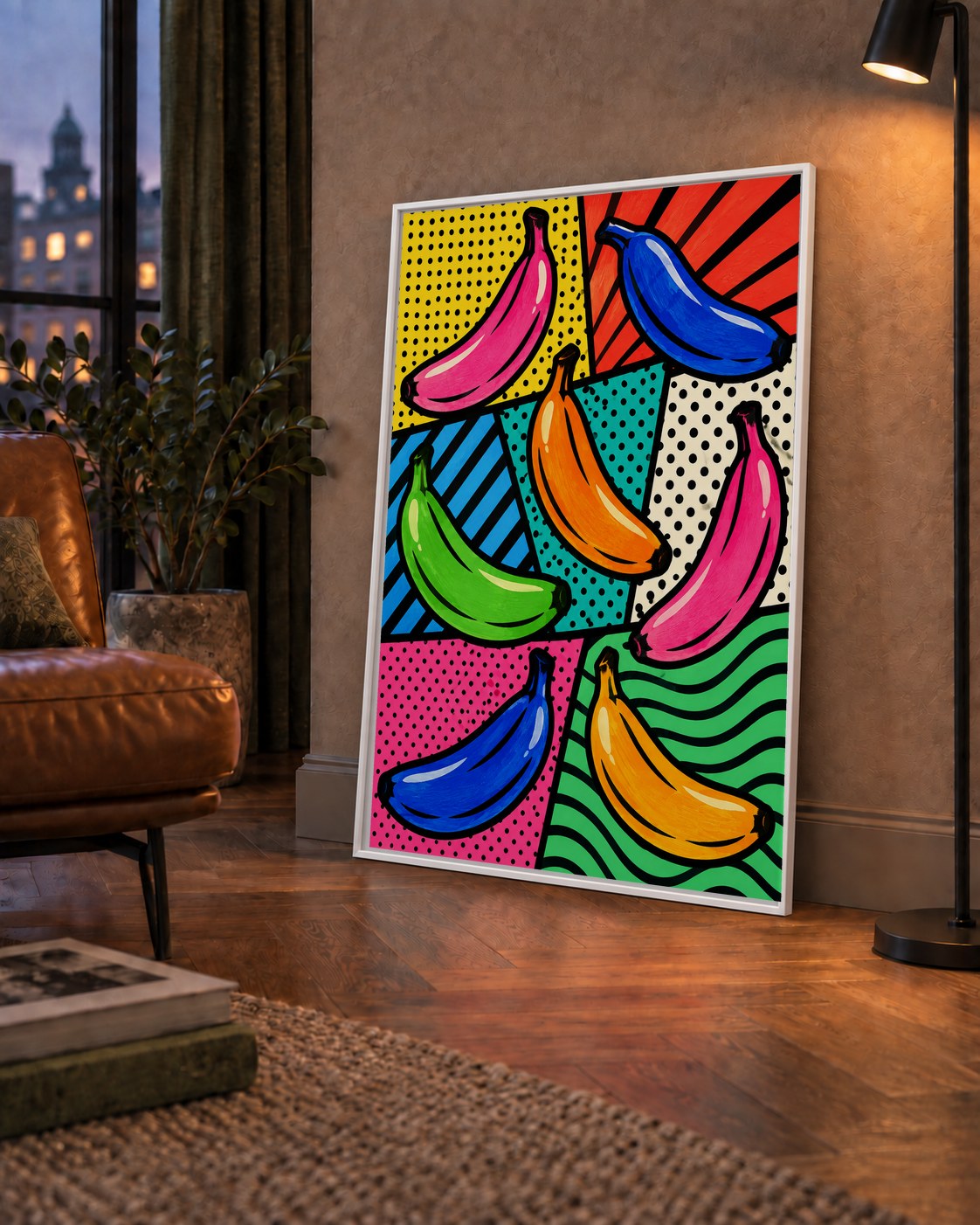 Renkli Pop Art Muzlar Poster – Modern ve Canlı Duvar Dekoru — çerçeveli hâliyle bir ev duvarında