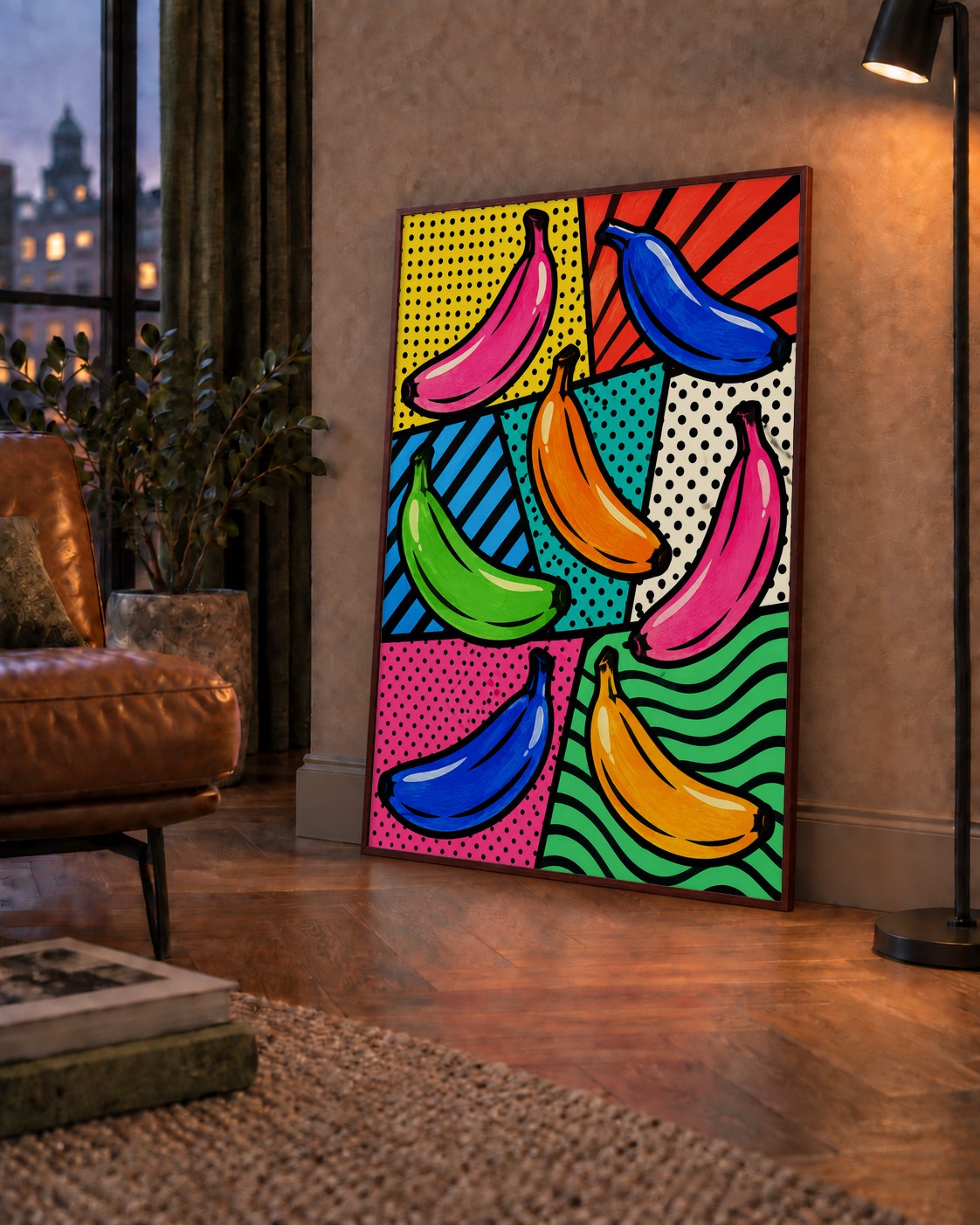 Renkli Pop Art Muzlar Poster – Modern ve Canlı Duvar Dekoru — çerçeveli hâliyle bir ev duvarında