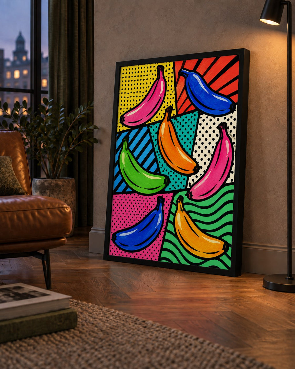 Renkli Pop Art Muzlar Poster – Modern ve Canlı Duvar Dekoru — çerçeveli hâliyle bir ev duvarında