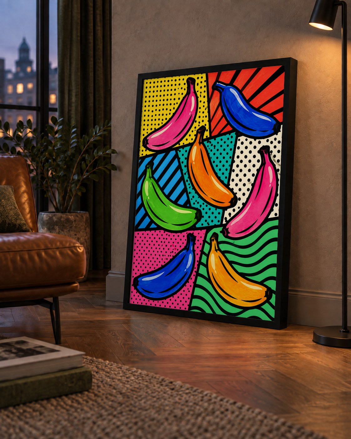 Renkli Pop Art Muzlar Poster – Modern ve Canlı Duvar Dekoru — çerçeveli hâliyle bir ev duvarında