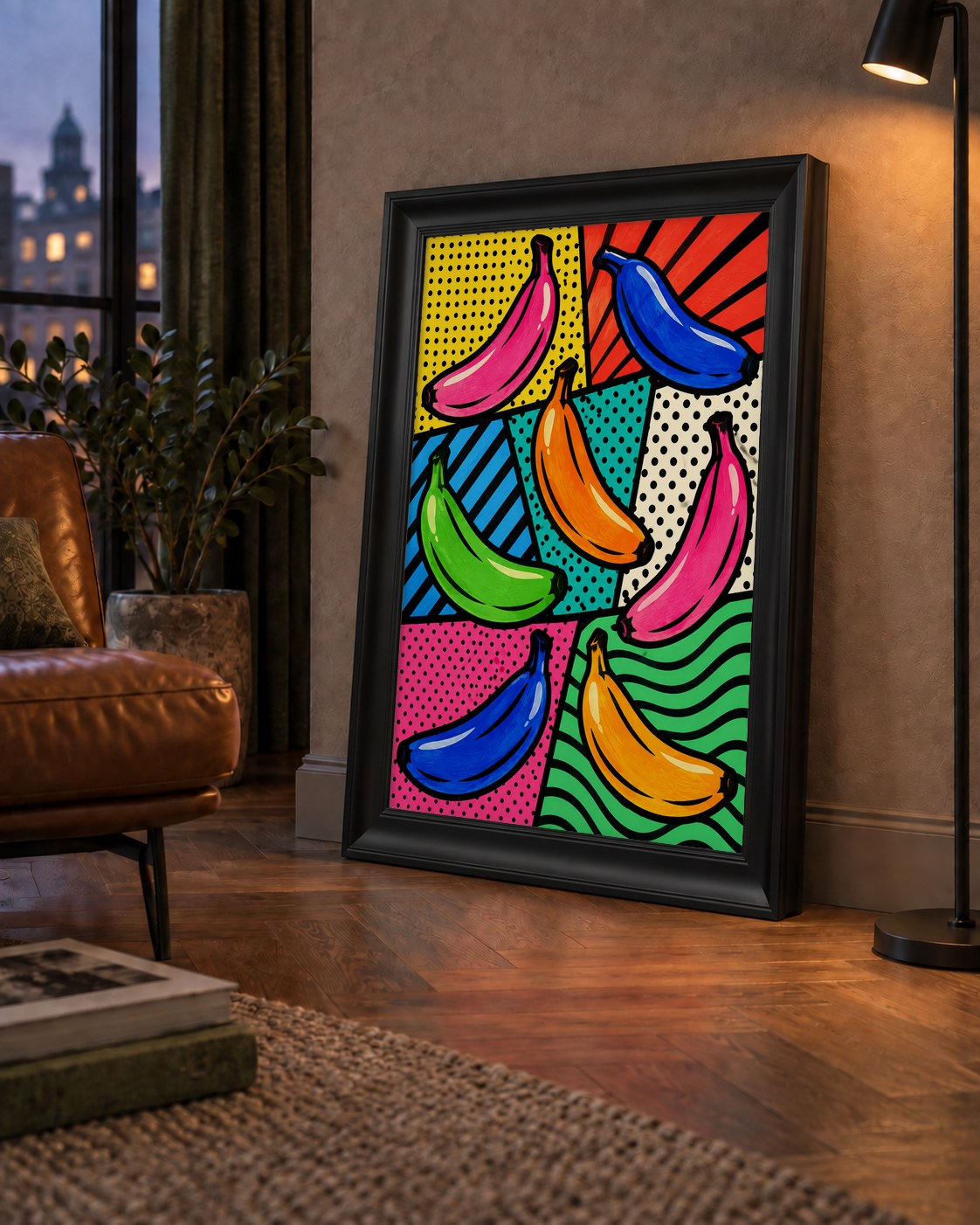 Renkli Pop Art Muzlar Poster – Modern ve Canlı Duvar Dekoru — çerçeveli hâliyle bir ev duvarında