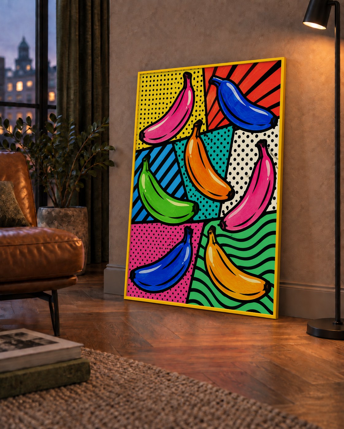 Renkli Pop Art Muzlar Poster – Modern ve Canlı Duvar Dekoru — çerçeveli hâliyle bir ev duvarında