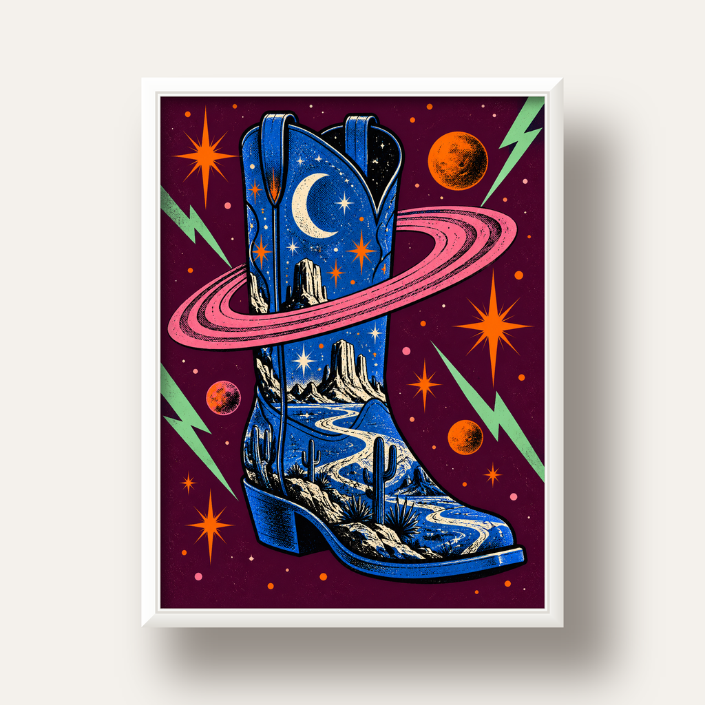 Kozmos Temalı Retro Kovboy Çizmesi Poster – Dijital Sanat — beyaz derin çerçeveli