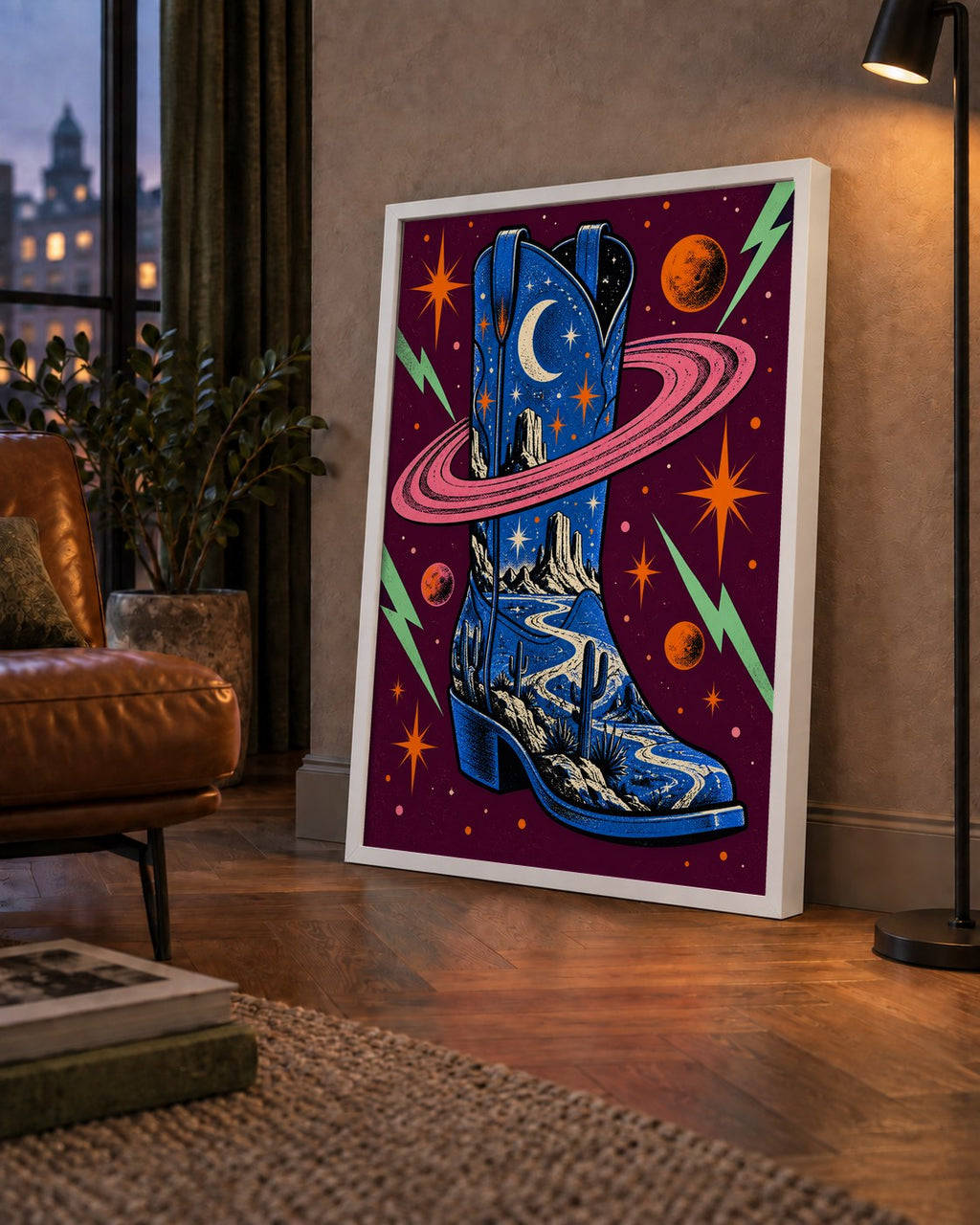 Kozmos Temalı Retro Kovboy Çizmesi Poster – Dijital Sanat