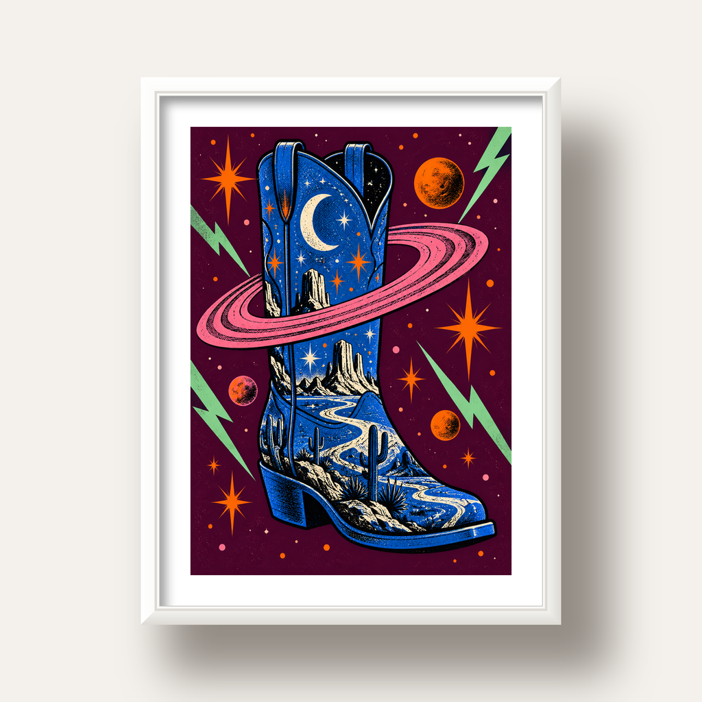 Kozmos Temalı Retro Kovboy Çizmesi Poster – Dijital Sanat — beyaz derin çerçeveli paspartulu