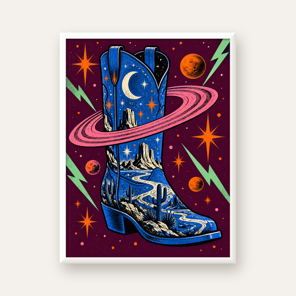 Kozmos Temalı Retro Kovboy Çizmesi Poster – Dijital Sanat — beyaz çerçeveli dikey poster