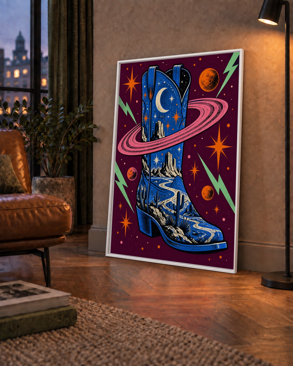 Kozmos Temalı Retro Kovboy Çizmesi Poster – Dijital Sanat