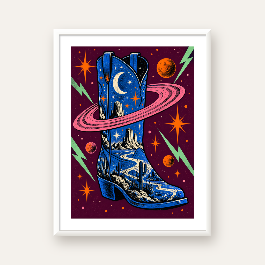 Kozmos Temalı Retro Kovboy Çizmesi Poster – Dijital Sanat — beyaz çerçeveli dikey poster