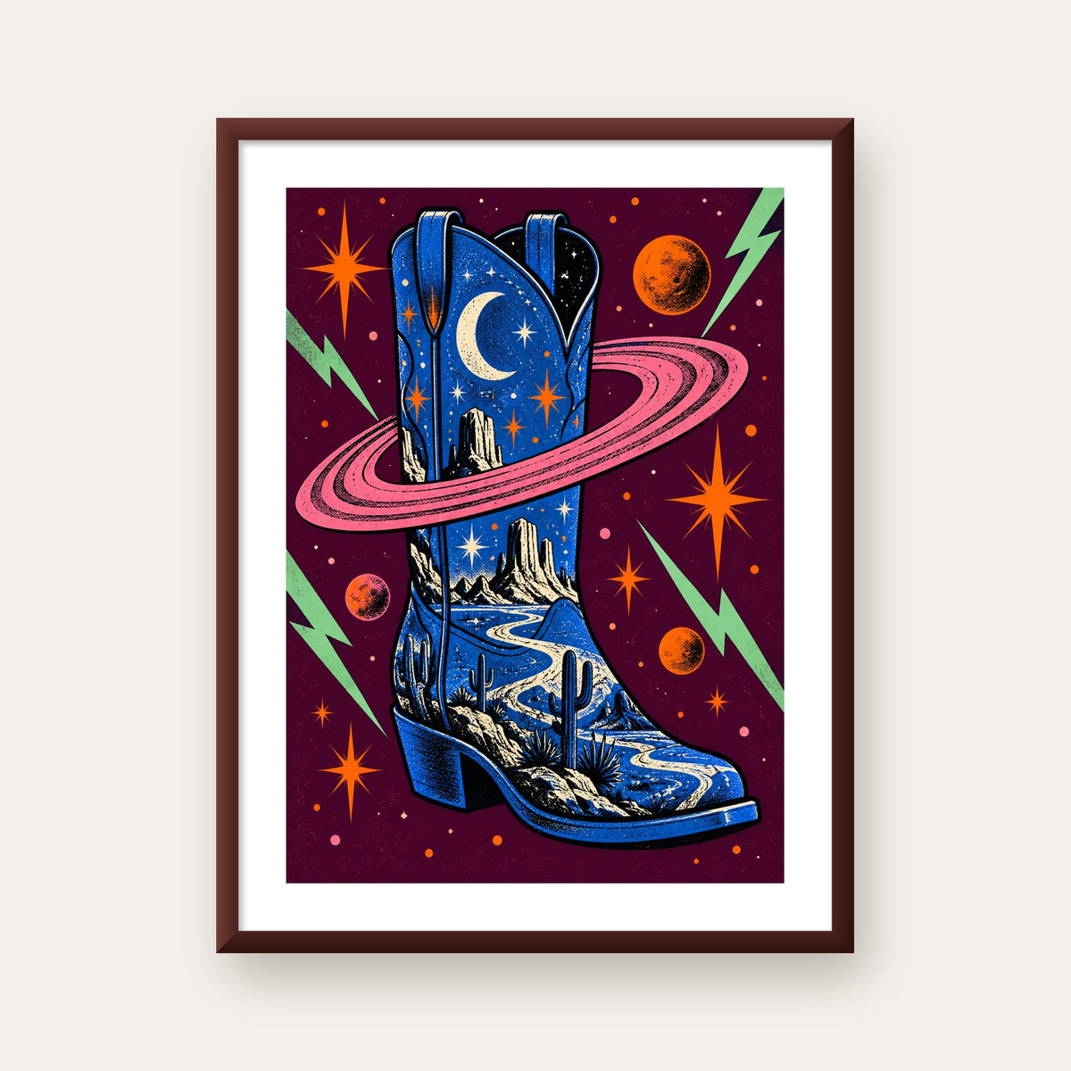 Kozmos Temalı Retro Kovboy Çizmesi Poster – Dijital Sanat — ceviz çerçeveli paspartulu