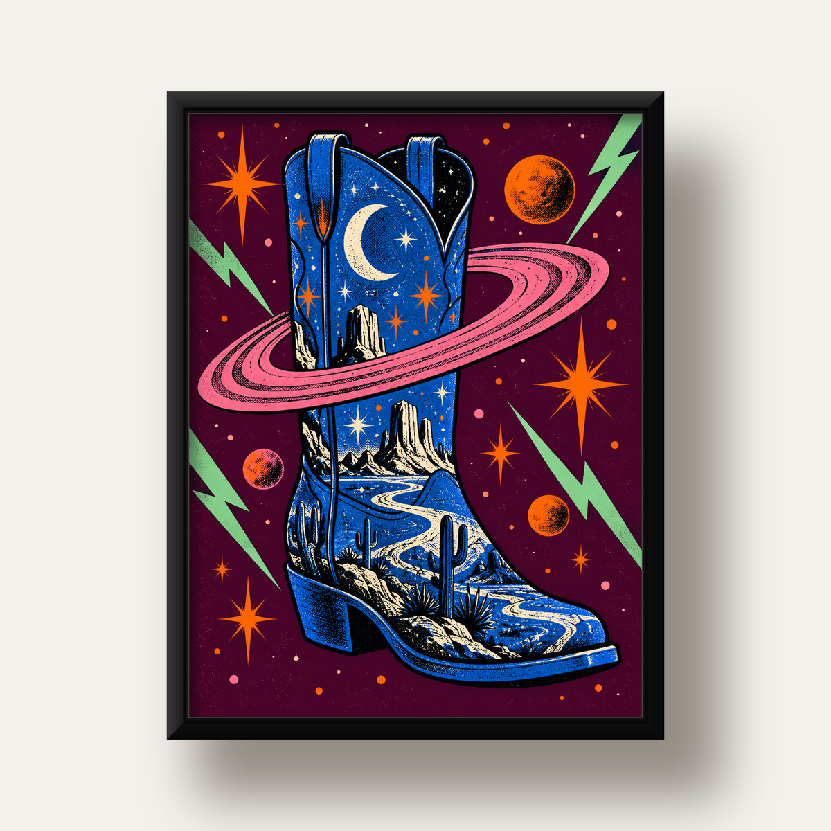 Kozmos Temalı Retro Kovboy Çizmesi Poster – Dijital Sanat — siyah derin çerçeveli