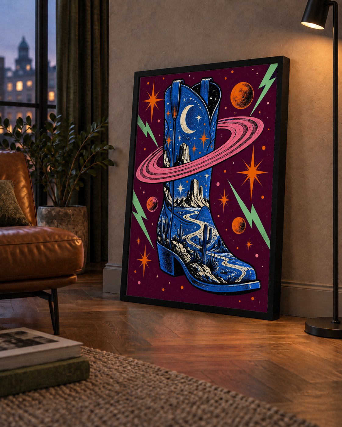 Kozmos Temalı Retro Kovboy Çizmesi Poster – Dijital Sanat
