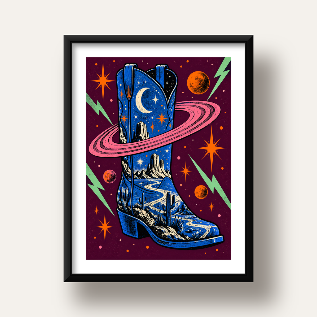 Kozmos Temalı Retro Kovboy Çizmesi Poster – Dijital Sanat — siyah derin çerçeveli paspartulu