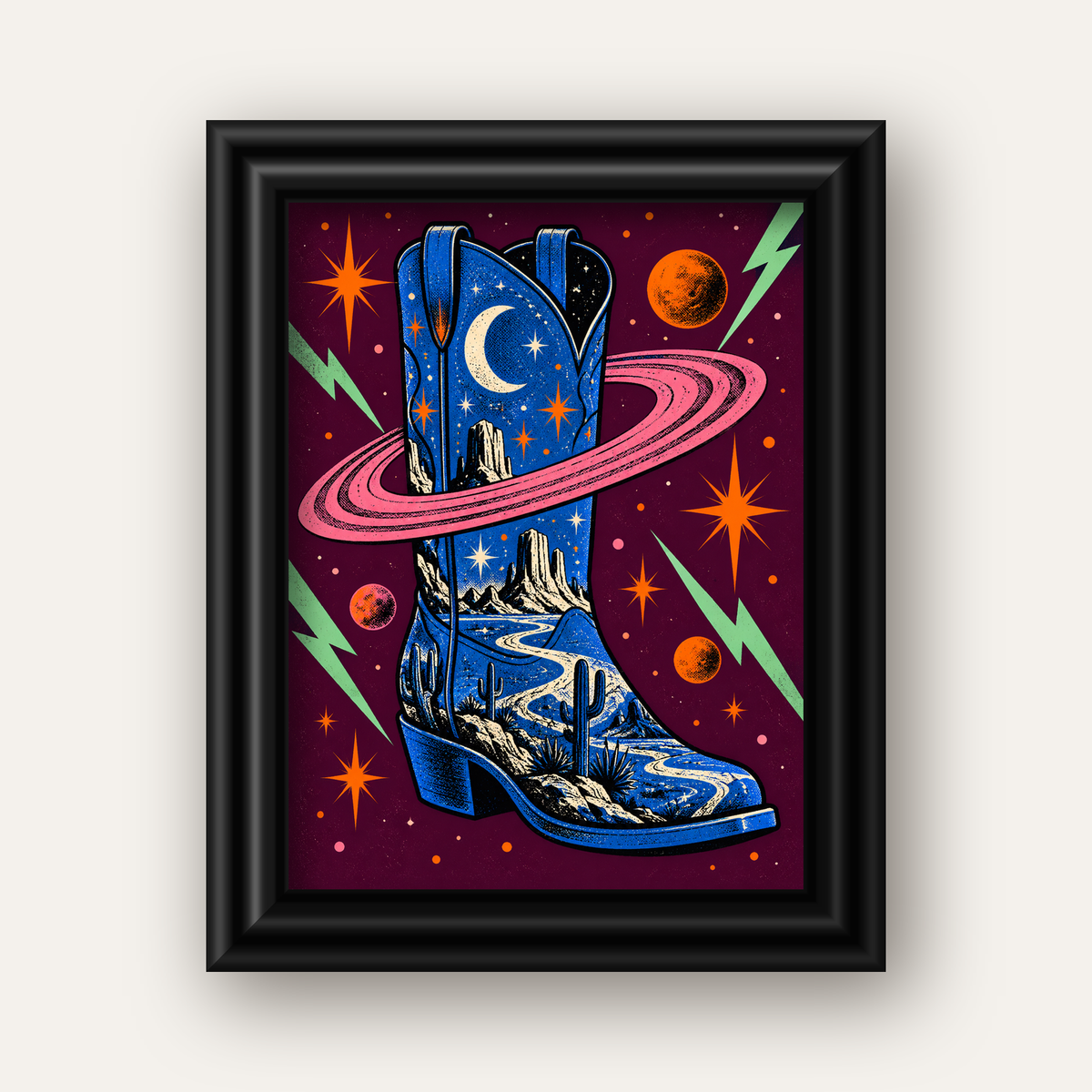 Kozmos Temalı Retro Kovboy Çizmesi Poster – Dijital Sanat — siyah galeri çerçeveli
