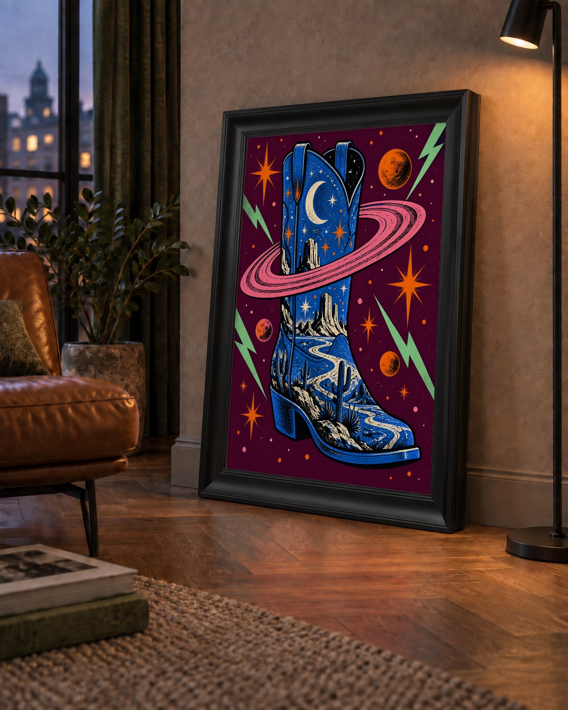 Kozmos Temalı Retro Kovboy Çizmesi Poster – Dijital Sanat