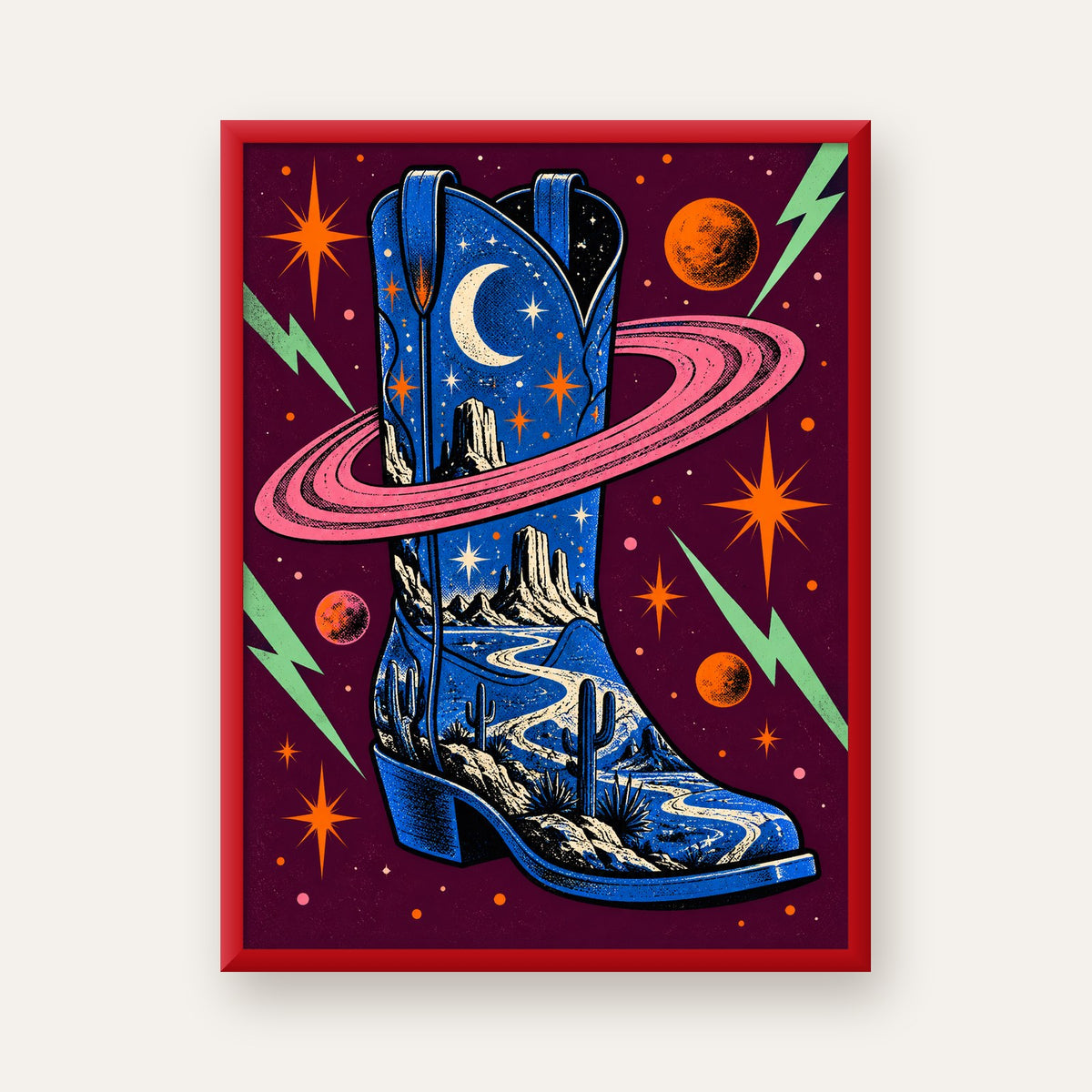 Kozmos Temalı Retro Kovboy Çizmesi Poster – Dijital Sanat — kırmızı çerçeveli