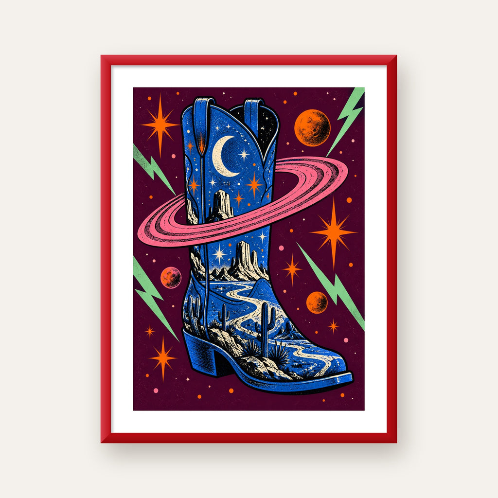 Kozmos Temalı Retro Kovboy Çizmesi Poster – Dijital Sanat — kırmızı çerçeveli paspartulu