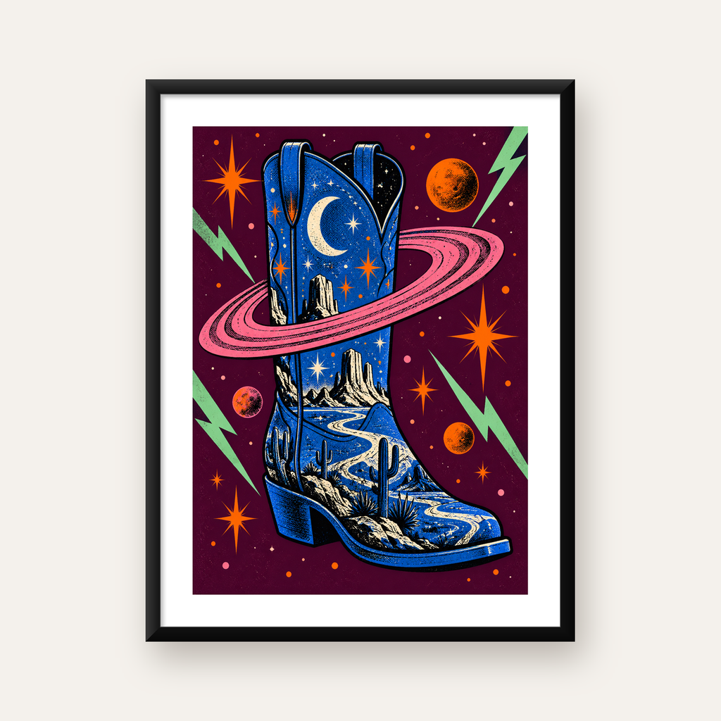 Kozmos Temalı Retro Kovboy Çizmesi Poster – Dijital Sanat — Dikey baskı, beyaz paspartulu