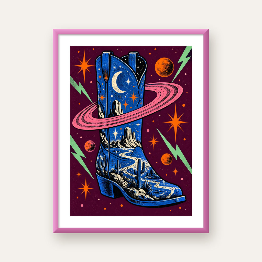Kozmos Temalı Retro Kovboy Çizmesi Poster – Dijital Sanat — pembe çerçeveli paspartulu