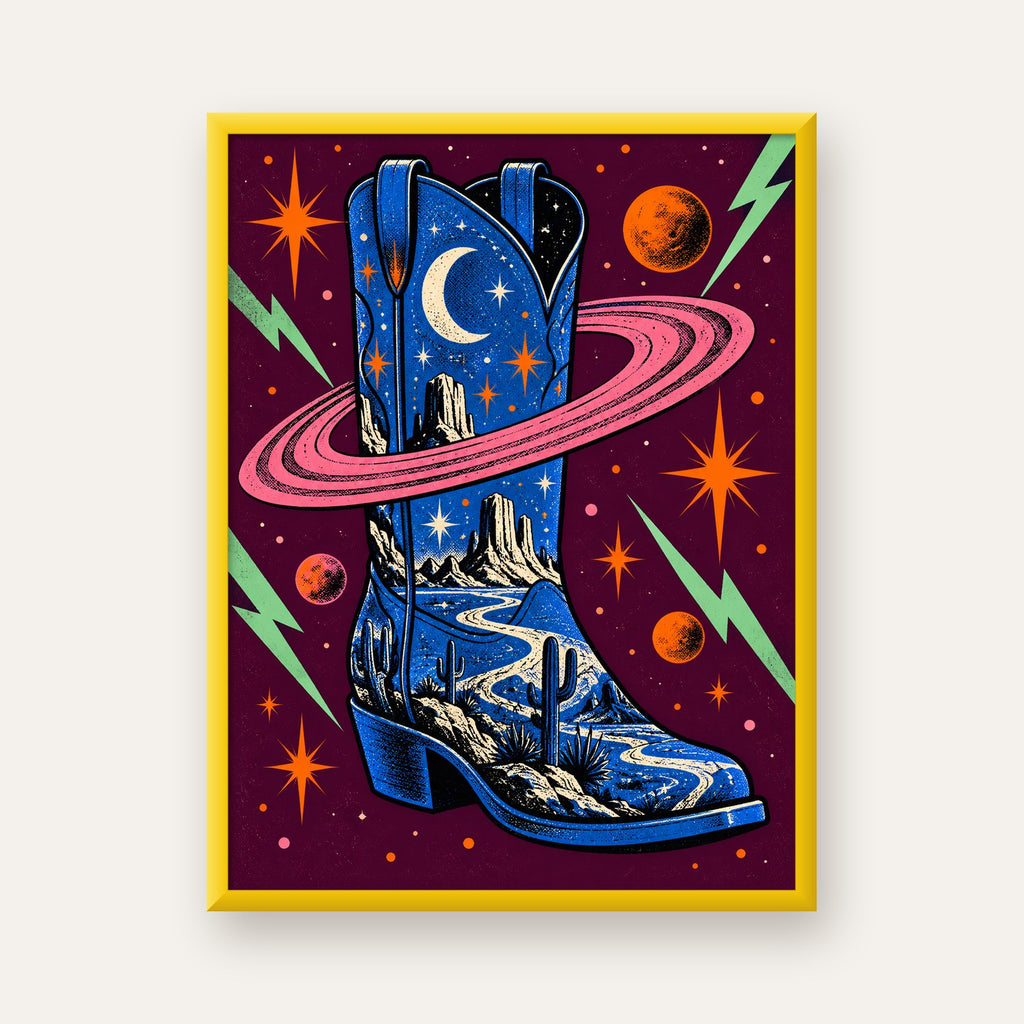 Kozmos Temalı Retro Kovboy Çizmesi Poster – Dijital Sanat — sarı çerçeveli