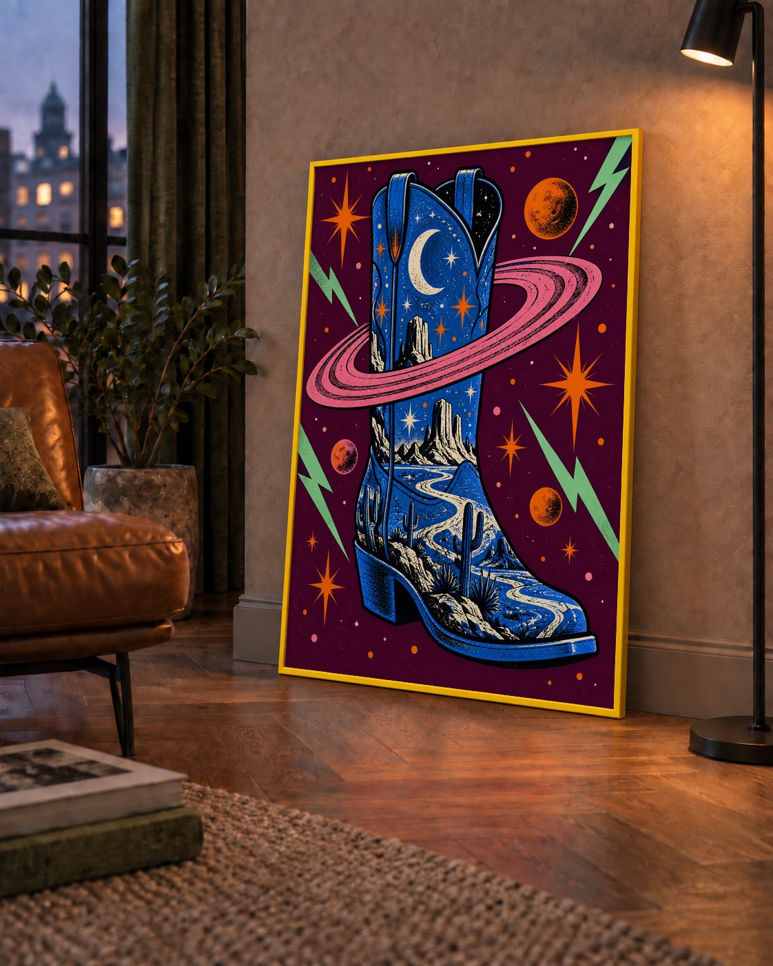 Kozmos Temalı Retro Kovboy Çizmesi Poster – Dijital Sanat