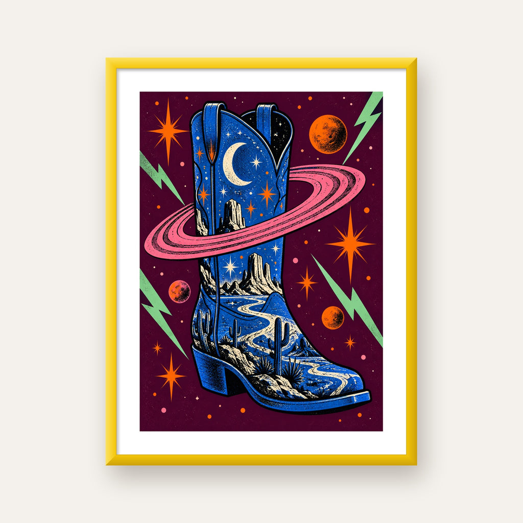 Kozmos Temalı Retro Kovboy Çizmesi Poster – Dijital Sanat — sarı çerçeveli paspartulu