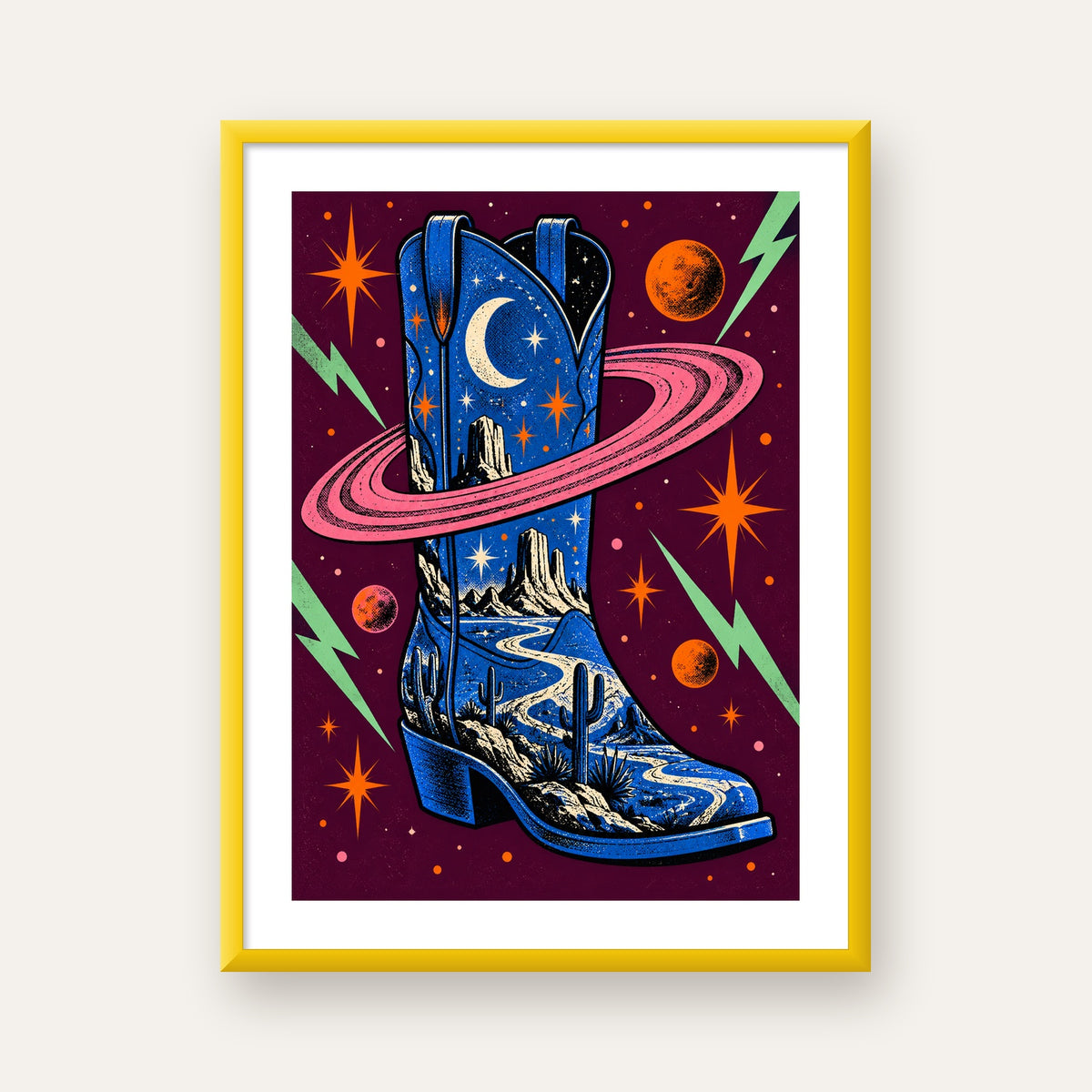 Kozmos Temalı Retro Kovboy Çizmesi Poster – Dijital Sanat — sarı çerçeveli paspartulu