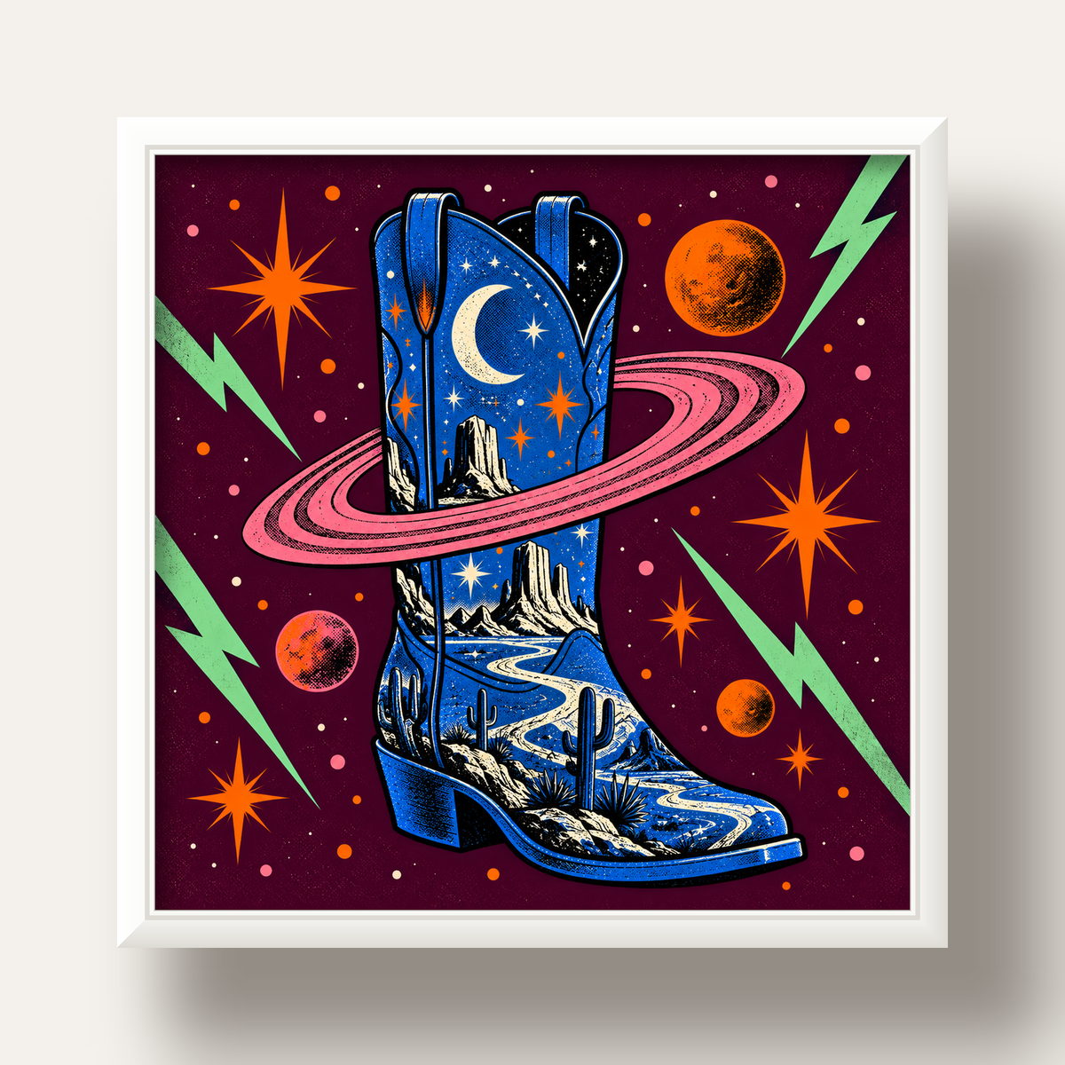 Kozmos Temalı Retro Kovboy Çizmesi Poster – Dijital Sanat — beyaz derin çerçeveli