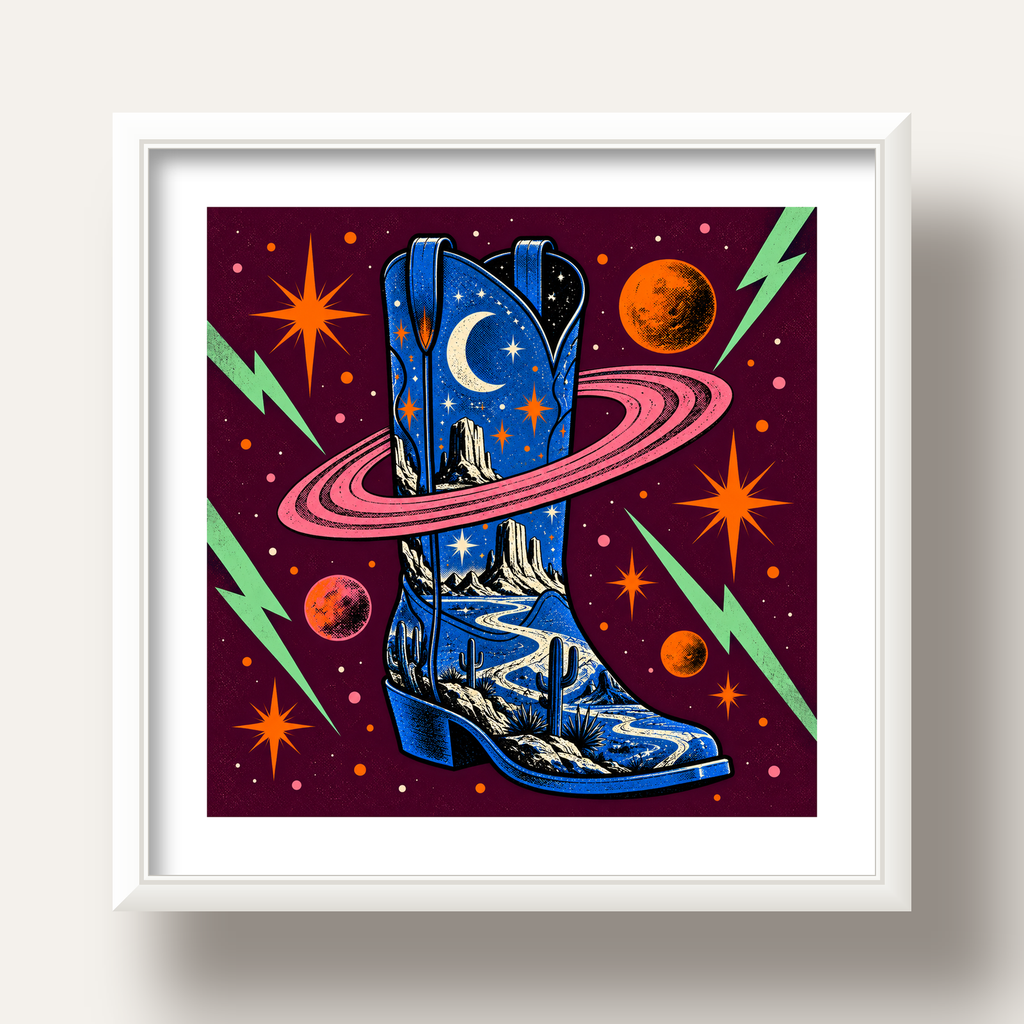 Kozmos Temalı Retro Kovboy Çizmesi Poster – Dijital Sanat — beyaz derin çerçeveli paspartulu