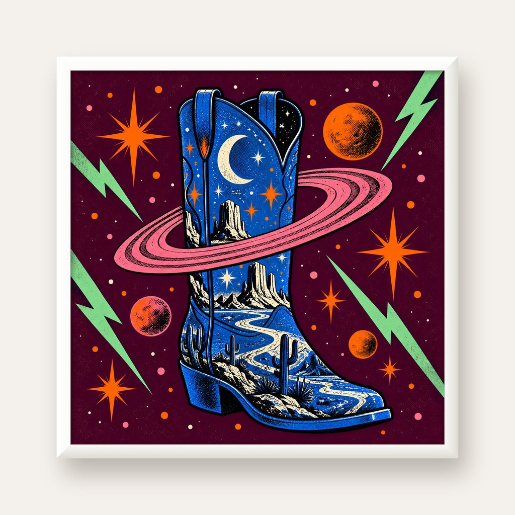 Kozmos Temalı Retro Kovboy Çizmesi Poster – Dijital Sanat — beyaz çerçeveli kare poster