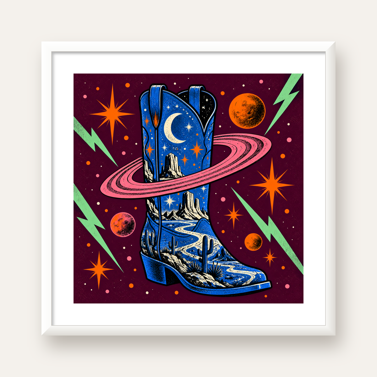 Kozmos Temalı Retro Kovboy Çizmesi Poster – Dijital Sanat — beyaz çerçeveli kare poster