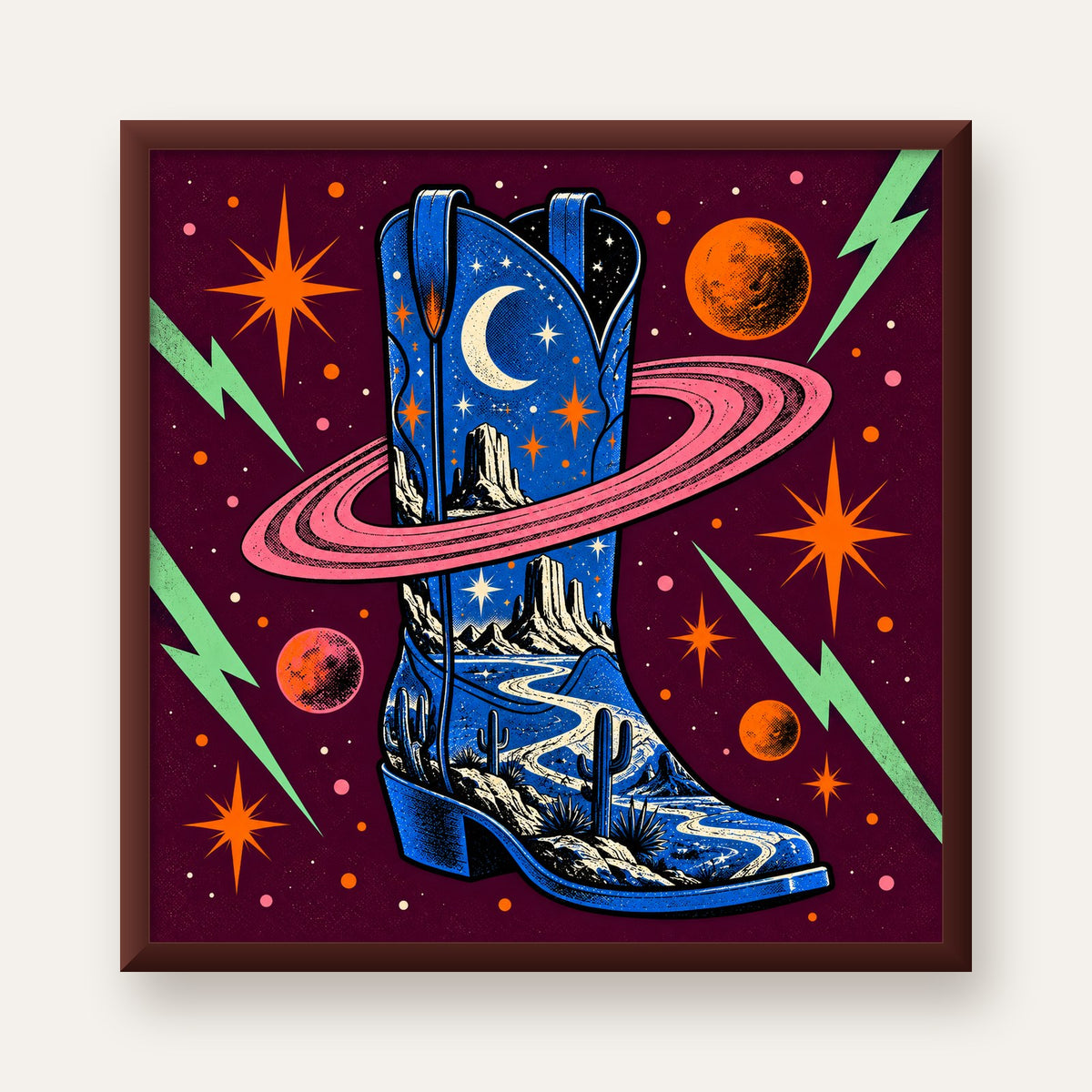 Kozmos Temalı Retro Kovboy Çizmesi Poster – Dijital Sanat — ceviz çerçeveli