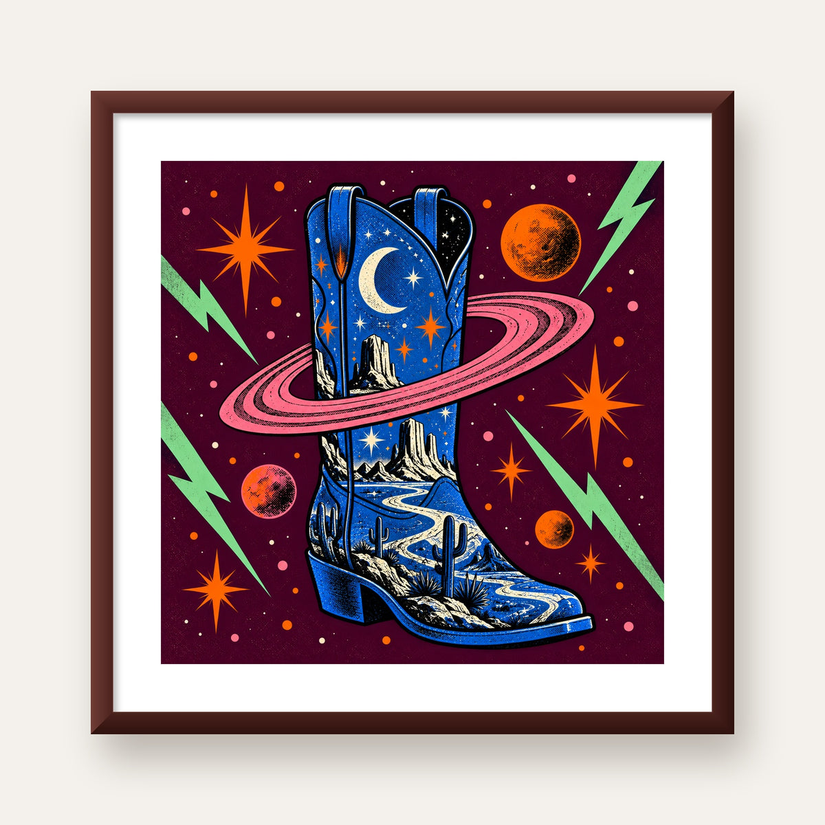 Kozmos Temalı Retro Kovboy Çizmesi Poster – Dijital Sanat — ceviz çerçeveli paspartulu