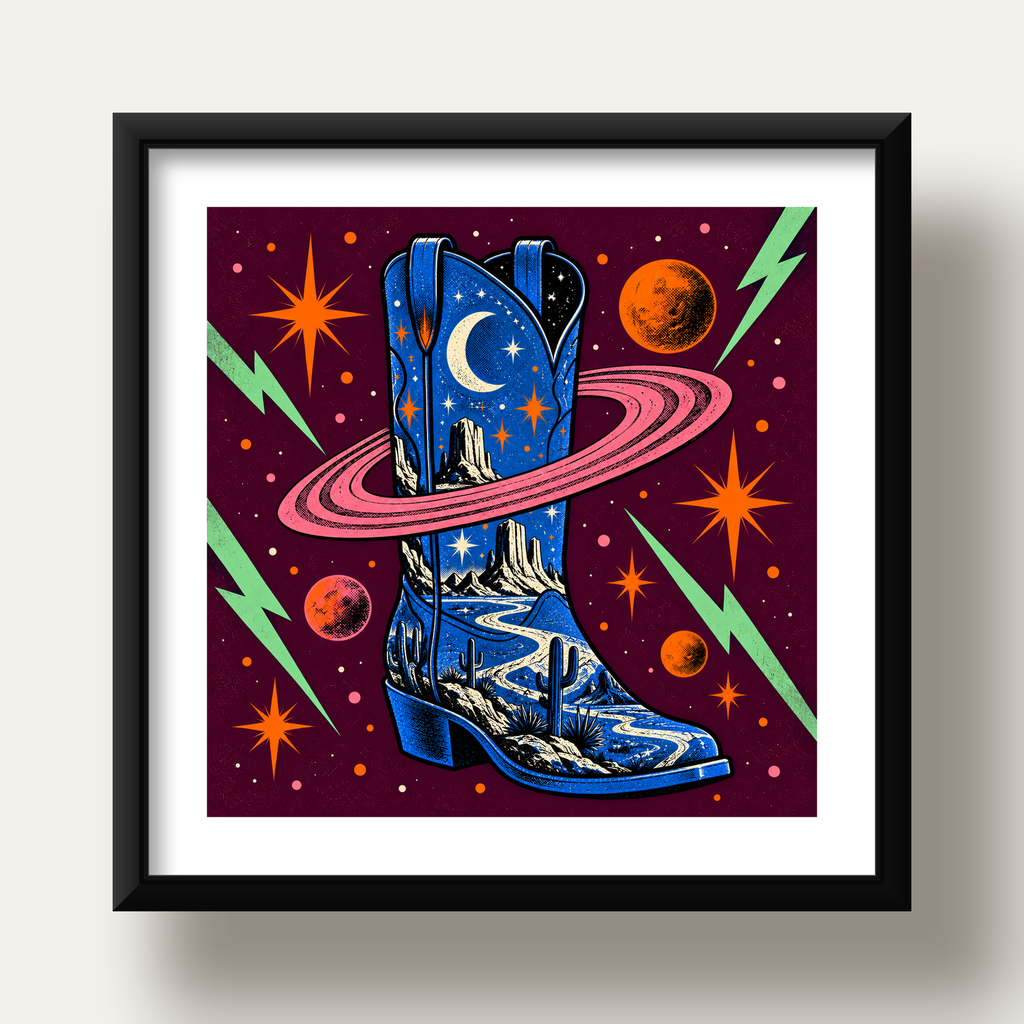 Kozmos Temalı Retro Kovboy Çizmesi Poster – Dijital Sanat — siyah derin çerçeveli paspartulu