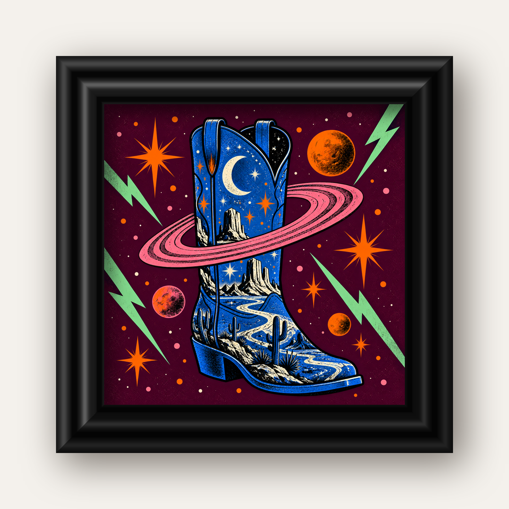 Kozmos Temalı Retro Kovboy Çizmesi Poster – Dijital Sanat — siyah galeri çerçeveli