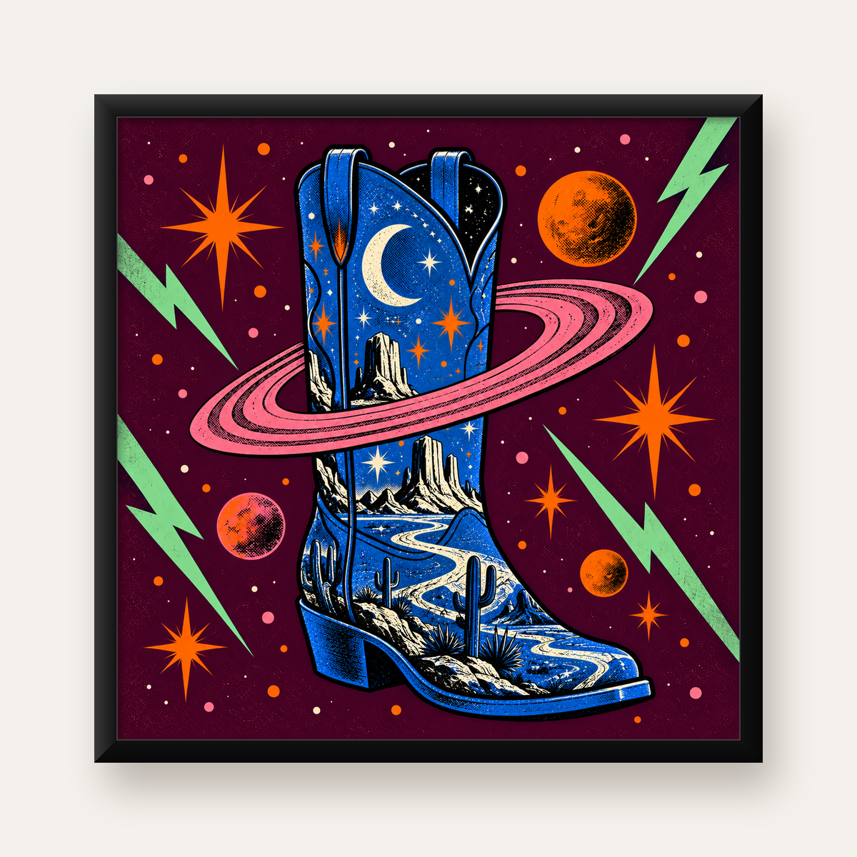 Kozmos Temalı Retro Kovboy Çizmesi Poster – Dijital Sanat — Kare baskı, düz siyah çerçeveli duvar posteri