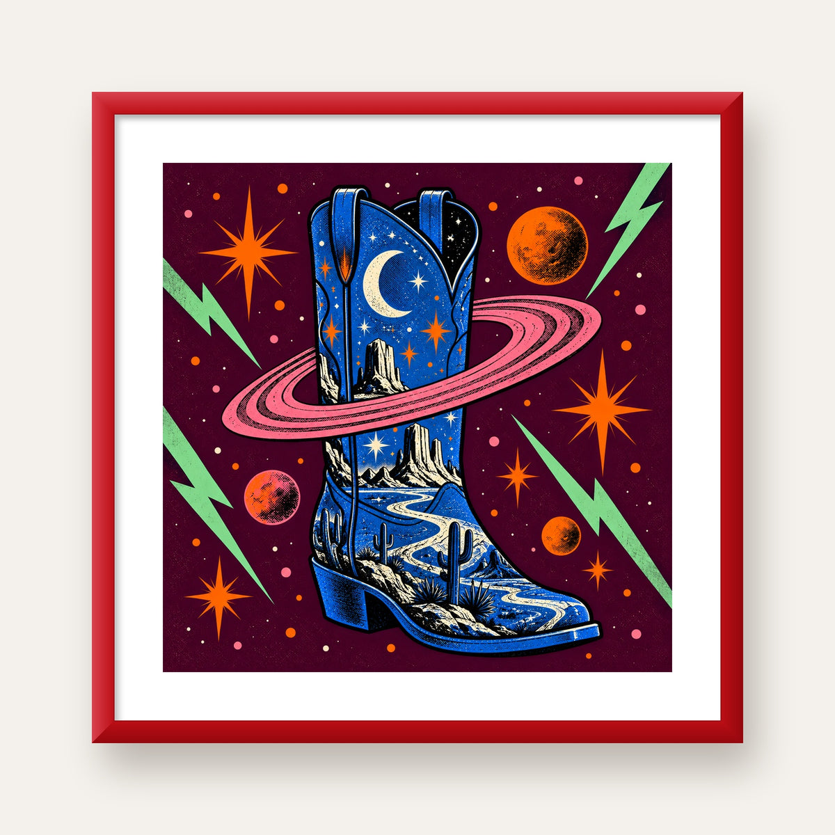 Kozmos Temalı Retro Kovboy Çizmesi Poster – Dijital Sanat — kırmızı çerçeveli paspartulu