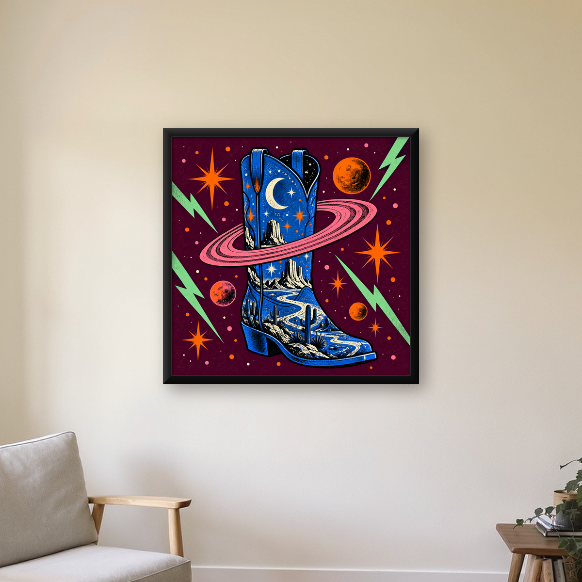 Kozmos Temalı Retro Kovboy Çizmesi Poster – Dijital Sanat — Kare baskı, çerçeveli hâliyle bir ev duvarında