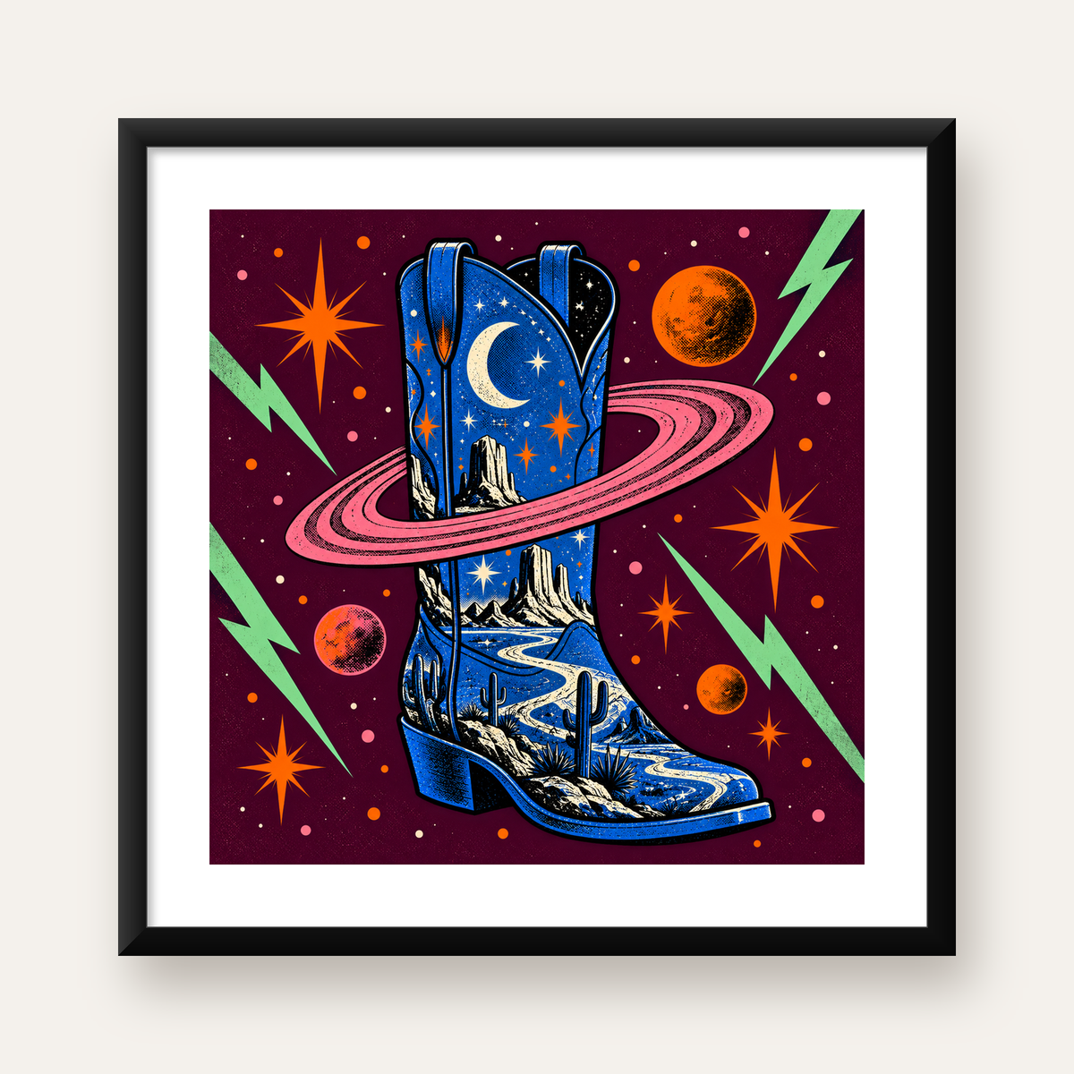 Kozmos Temalı Retro Kovboy Çizmesi Poster – Dijital Sanat — Kare baskı, beyaz paspartulu