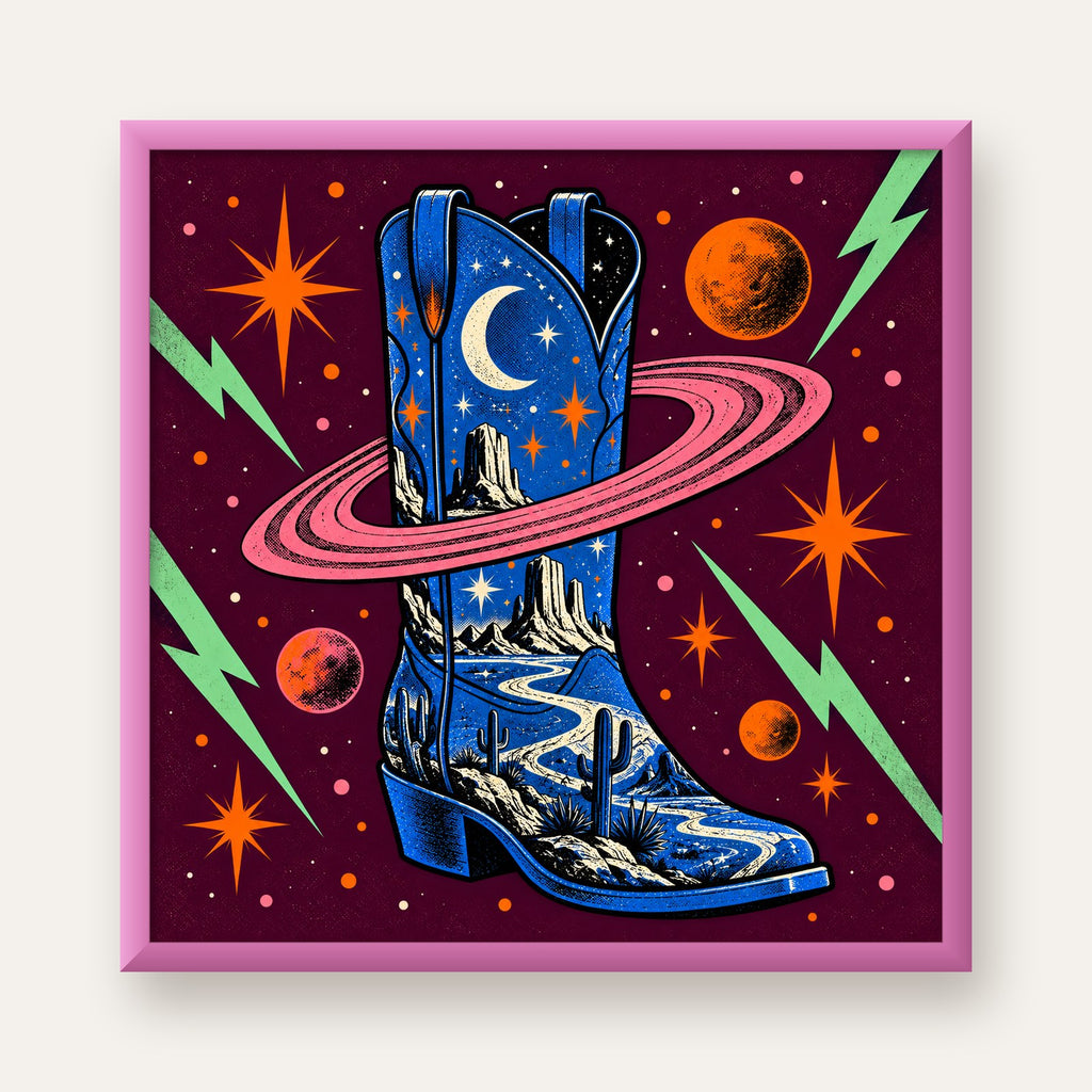 Kozmos Temalı Retro Kovboy Çizmesi Poster – Dijital Sanat — pembe çerçeveli