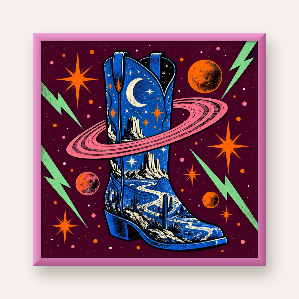 Kozmos Temalı Retro Kovboy Çizmesi Poster – Dijital Sanat — pembe çerçeveli