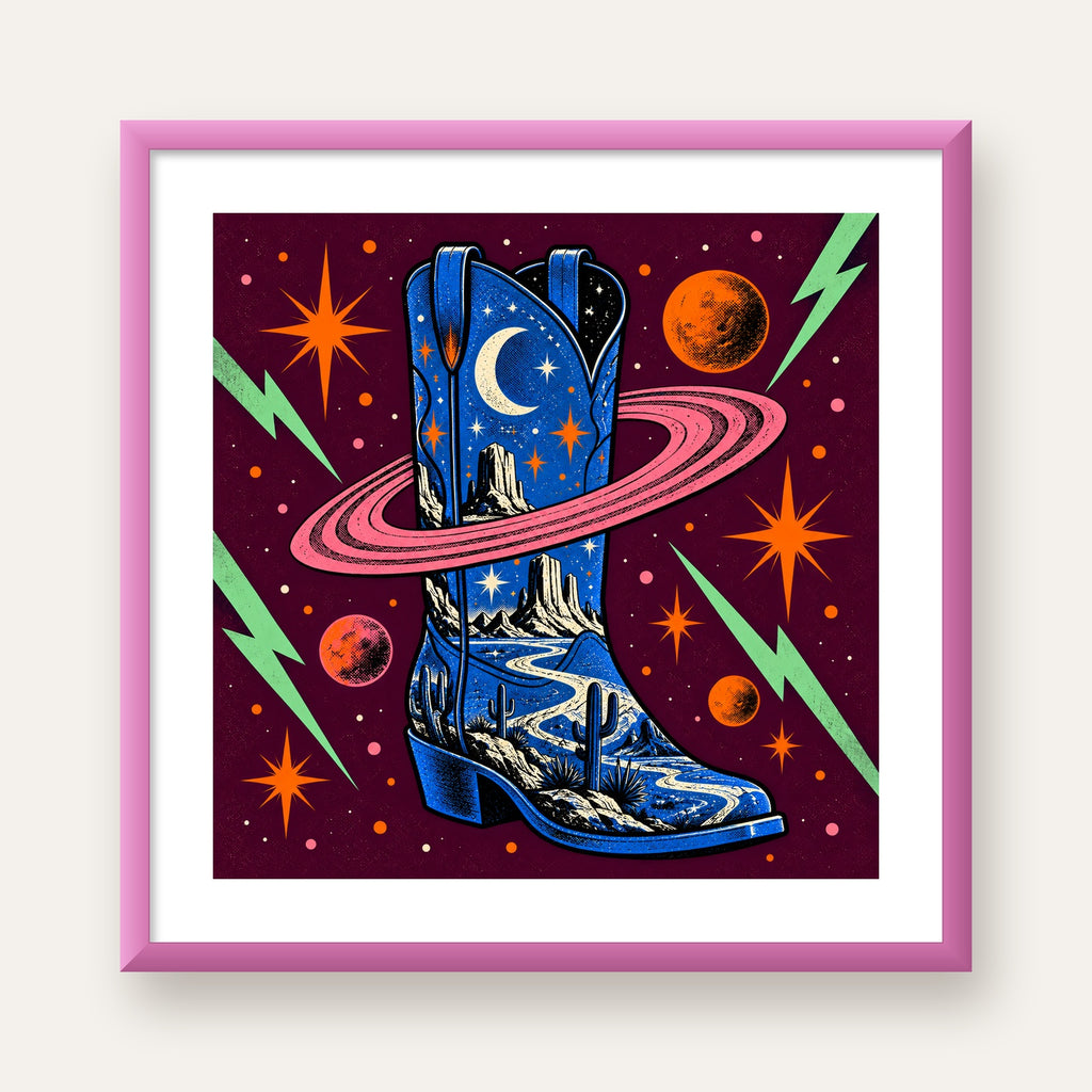 Kozmos Temalı Retro Kovboy Çizmesi Poster – Dijital Sanat — pembe çerçeveli paspartulu