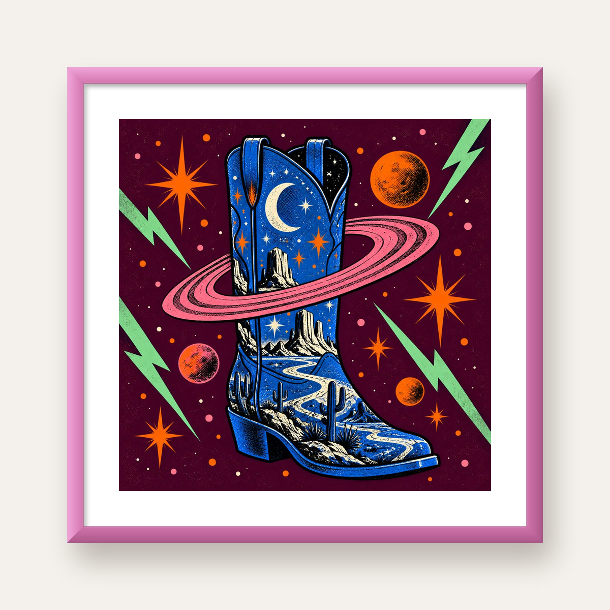 Kozmos Temalı Retro Kovboy Çizmesi Poster – Dijital Sanat — pembe çerçeveli paspartulu
