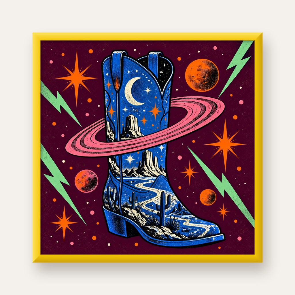 Kozmos Temalı Retro Kovboy Çizmesi Poster – Dijital Sanat — sarı çerçeveli